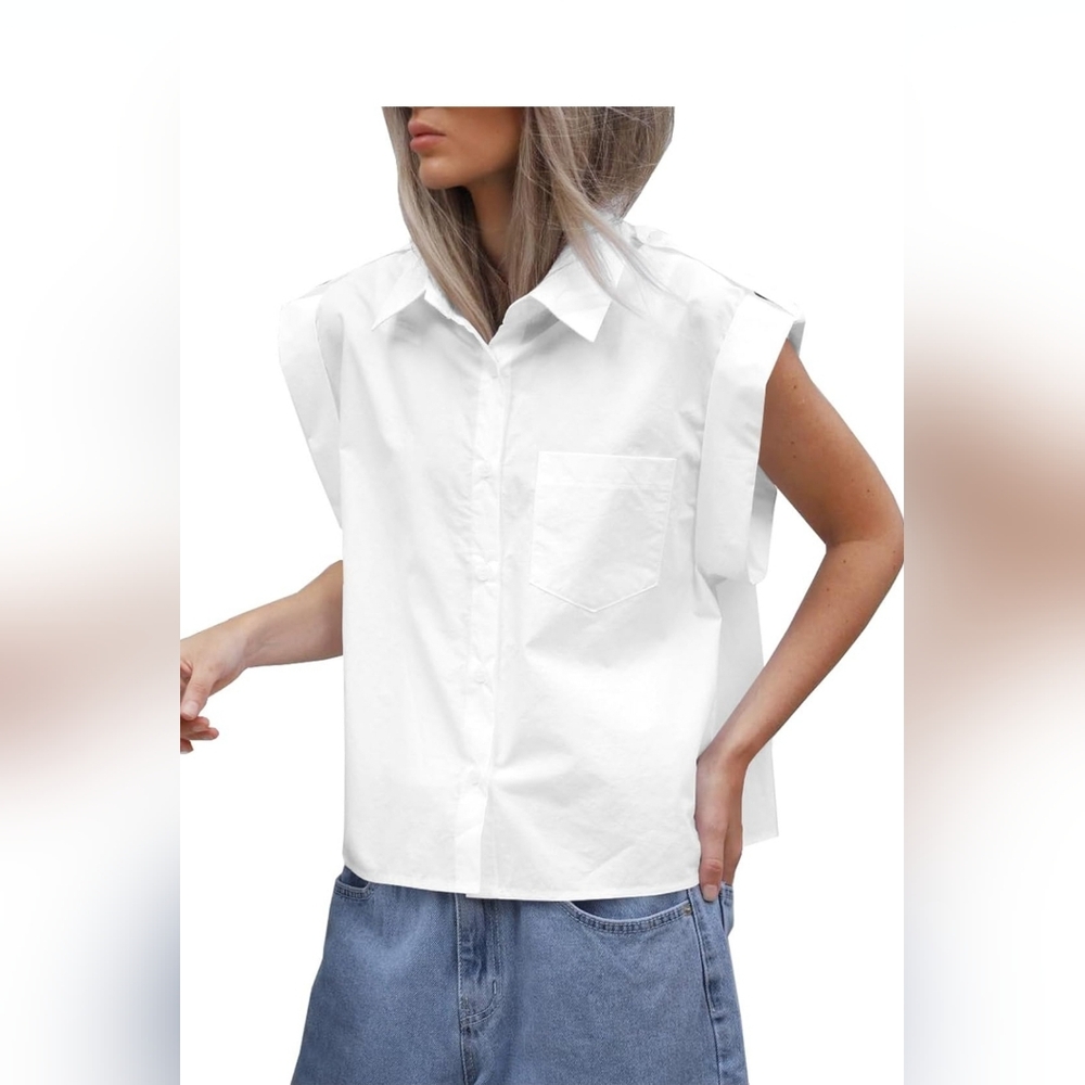 White Short-Sleeved Blouse with Pointed Collar